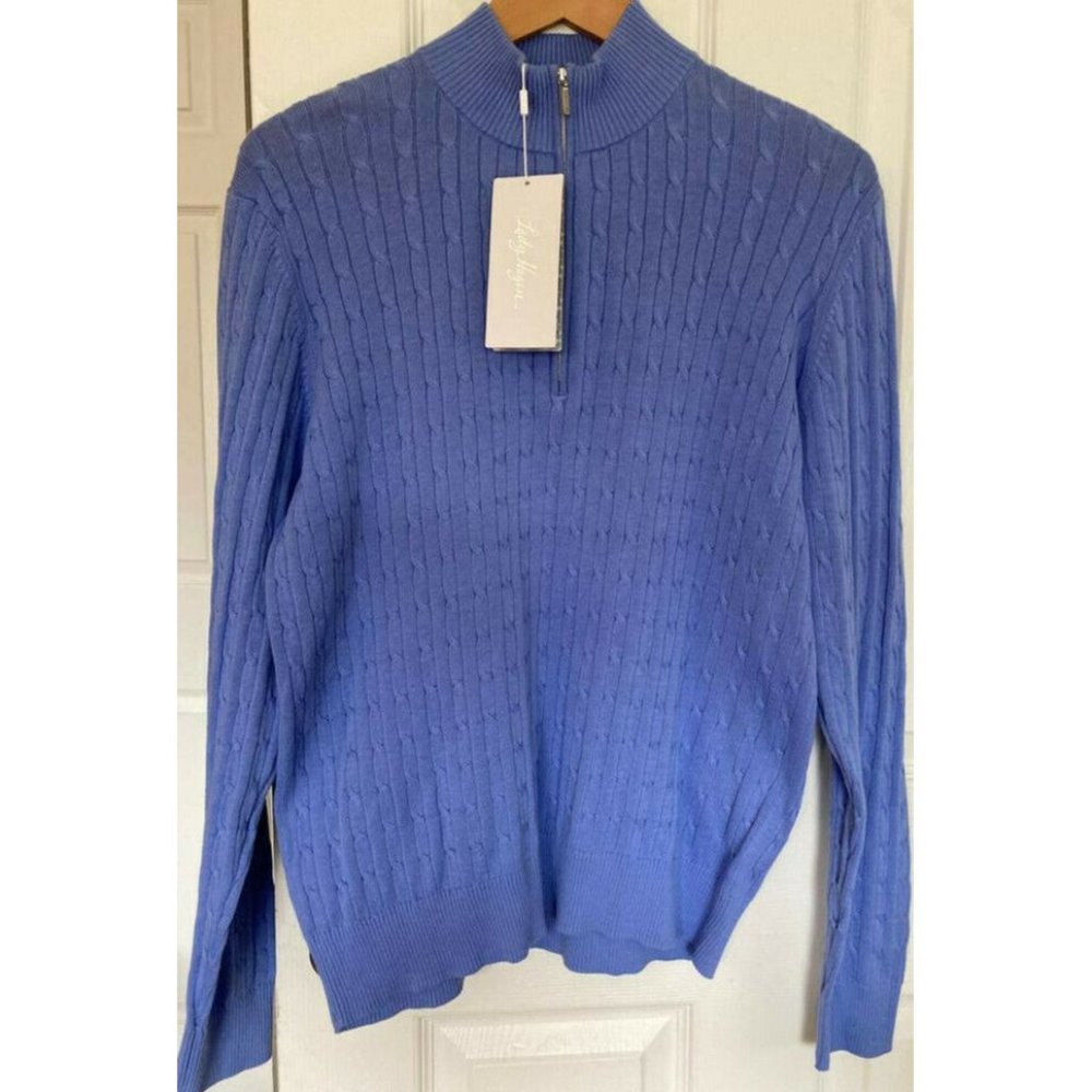100% Cotton Lady Hagen Impressionist Blue Persian Cable-Knit Quarter-Zip Size L